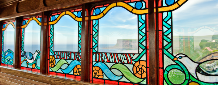 Stained glass window on Saltburn Cliff Tramway overlooking Saltburn Cliffs
