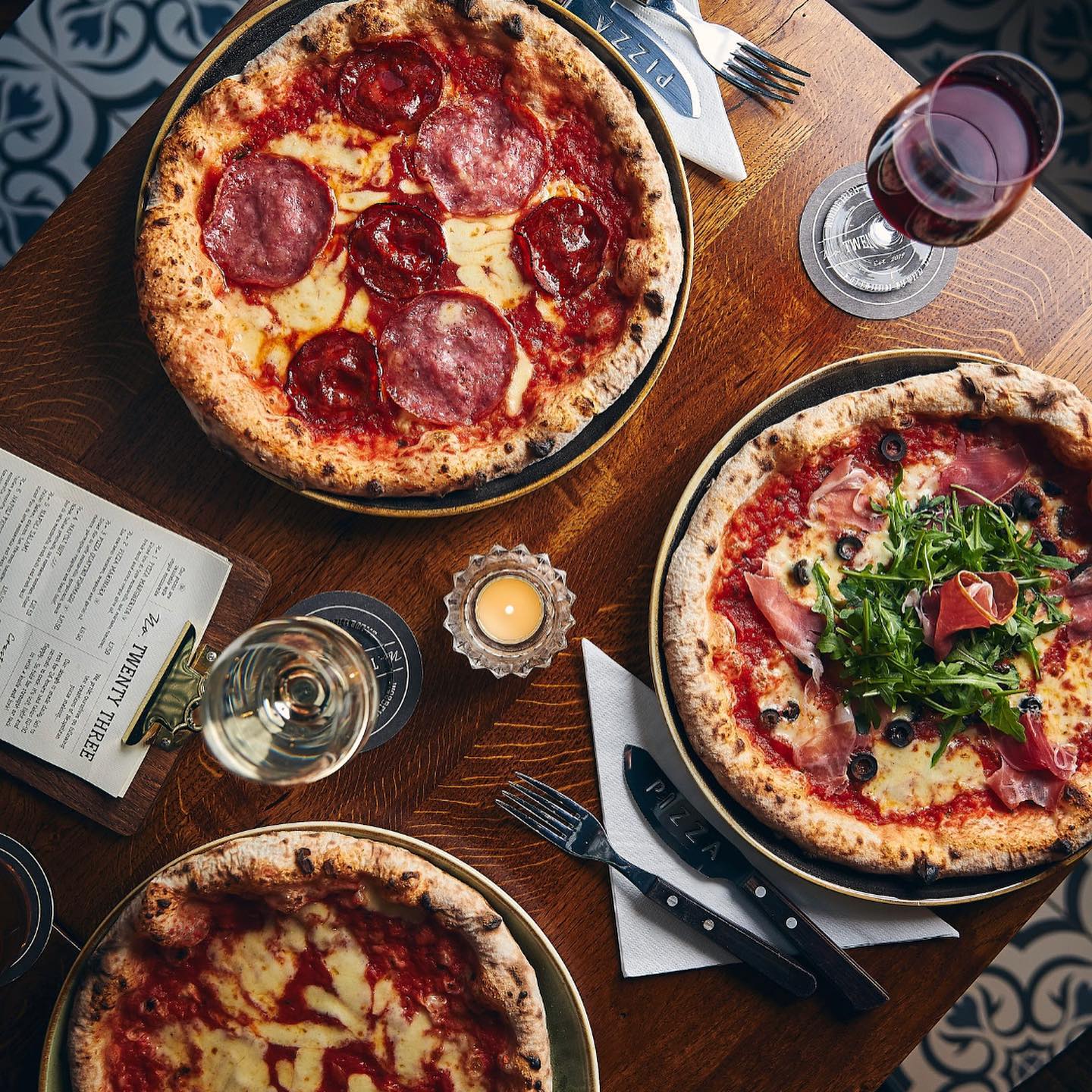 Three pizzas with drinks at No. Twenty Three in Saltburn