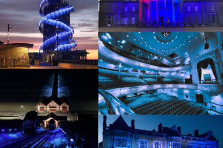 Tees Valley Attraction illuminated with blue lights