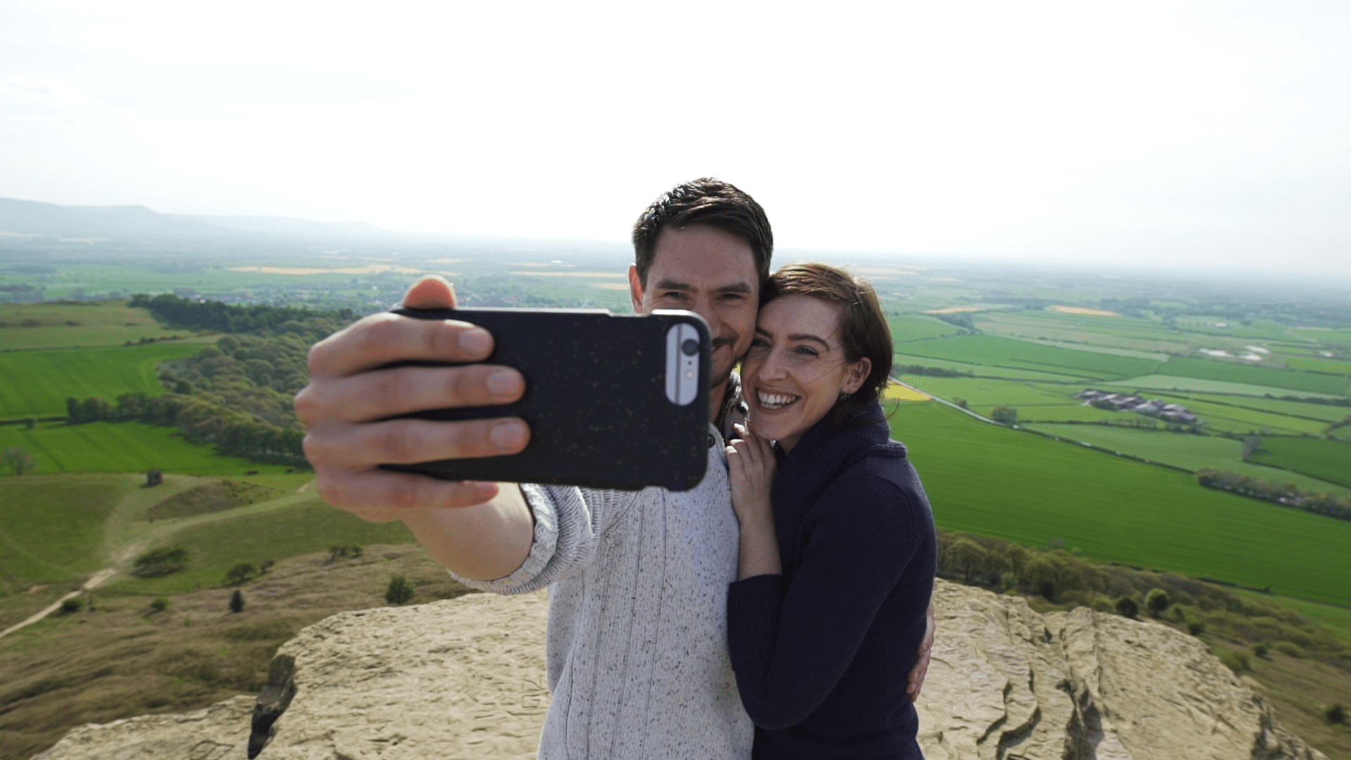 A couple take a selfie at the top of Roseberry Topping