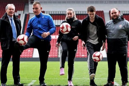 Middlesbrough Mayor David Budd, Liam Blanchard, Emily Manders, Aaron Ingledew and EYI Coordinator at MFC Marc McPhilips at the Riverside Stadium in Middlesbrough | Tees Valley Combined Authority
