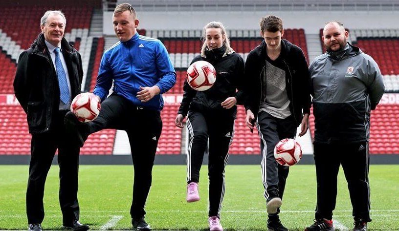 Middlesbrough Mayor David Budd, Liam Blanchard, Emily Manders, Aaron Ingledew and EYI Coordinator at MFC Marc McPhilips at the Riverside Stadium in Middlesbrough | Tees Valley Combined Authority