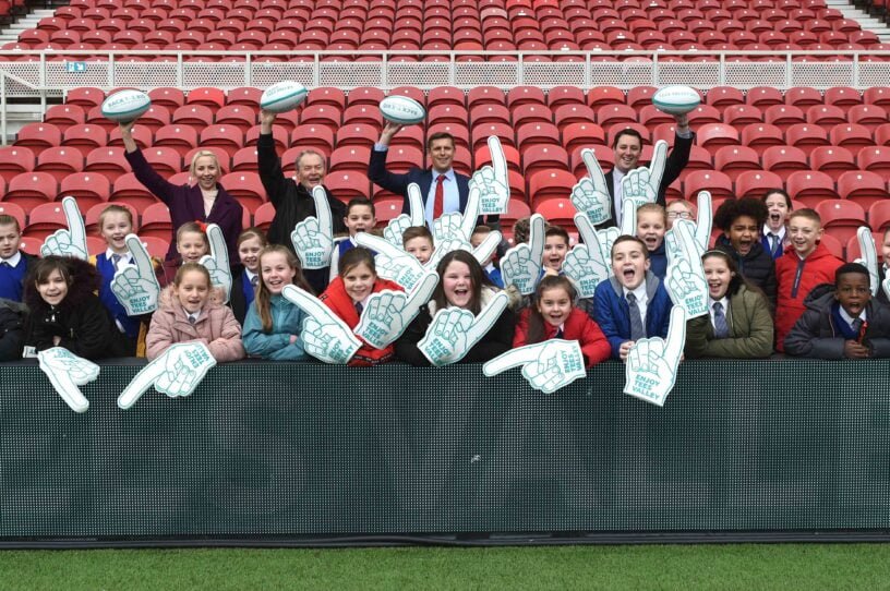 Representatives and pupils celebrating the RLWC announcement | Tees Valley Combined Authority