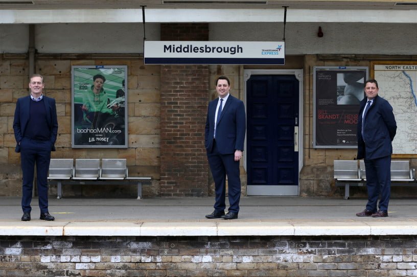 Mayor Preston, Mayor Houchen and Network Rail's Matt Rice at Middlesbrough station