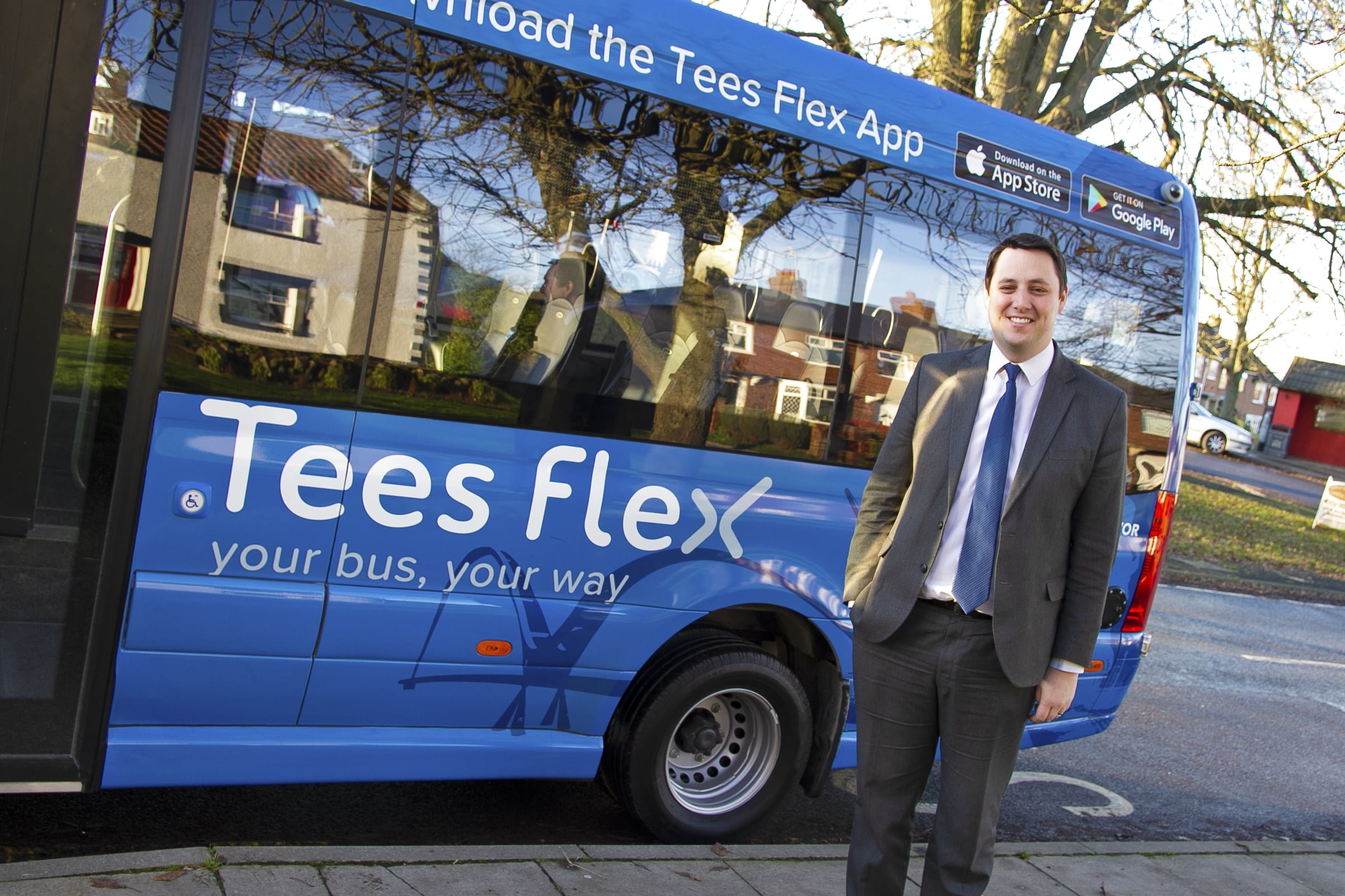 Tees Valley Mayor Ben Houchen with the Tees Flex bus