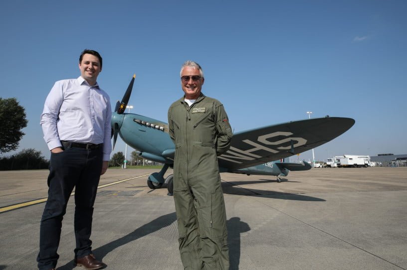 The NHS Spitfire visits Teesside International Airport with pilot John Romain and Tees Valley Mayor Ben Houchen