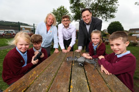 Pupils from New Marske Primary School with Jane Spence, CEO of Galileo Multi Academy Trust, Tees Valley Mayor Ben Houchen and Richard Turner, Strategic Partnerships Manager for Solar For Schools.