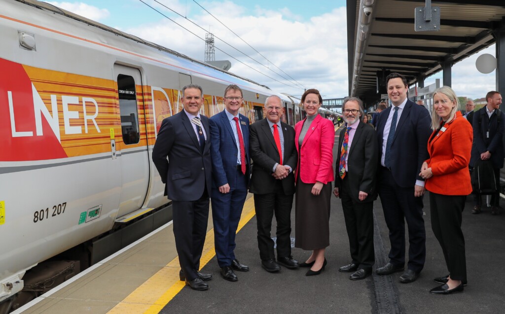 The launch of Darlington Station’s Redevelopment. Pictured (r-l): H.M. Lord-Lieutenant of County Durham Mike Butterwick CBE, David Horne, Managing Director at LNER, Lord Hendy of Richmond Hill CBE, Lola McAvoy, MP for Darlington, Cllr Steve Harker, TVCA Cabinet Member for Transport and Infrastructure and Leader of Darlington Borough Council, Tees Valley Mayor Ben Houchen and Ellie Burrows, Managing Director Network Rail Eastern Region.
